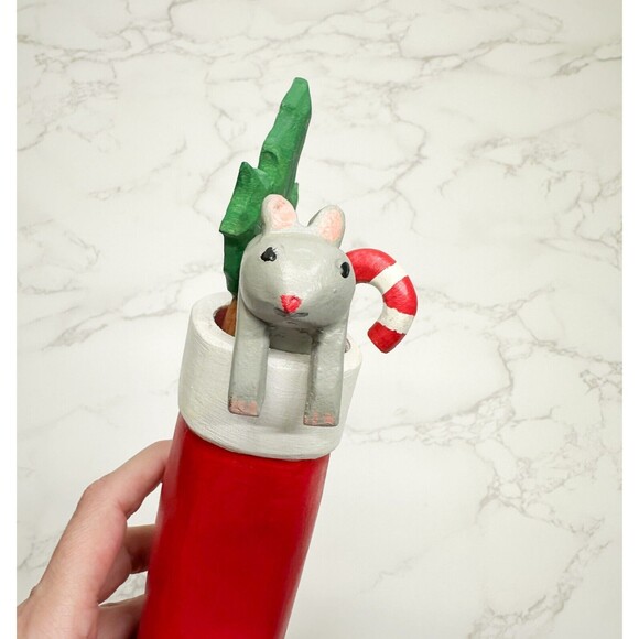Vintage Handmade Stocking Mouse Candy Cane Wooden Sculpture Figurine Mistletoe - Picture 3 of 8